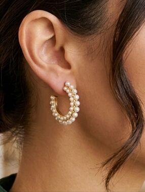 Source Unknown NWT 1" Gold Pearl Cluster Hoop Earrings - 3 Row Design